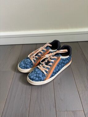 Coach Blue Logo Tennis Sneakers with Orange Trim